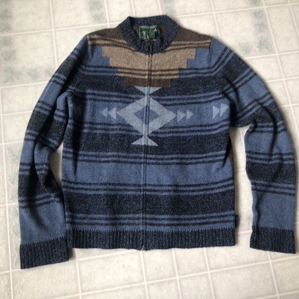 Woolrich Blue Brown Aztec print Cardigan Sz Small Zip Front Lambswool Blend 90's